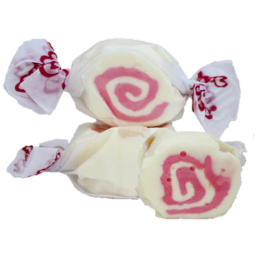 Taffy Town’s Strawberry Cheesecake taffy candy with a pink swirl inside creamy white taffy—whipped salt water taffy with a rich, dessert-inspired flavor.